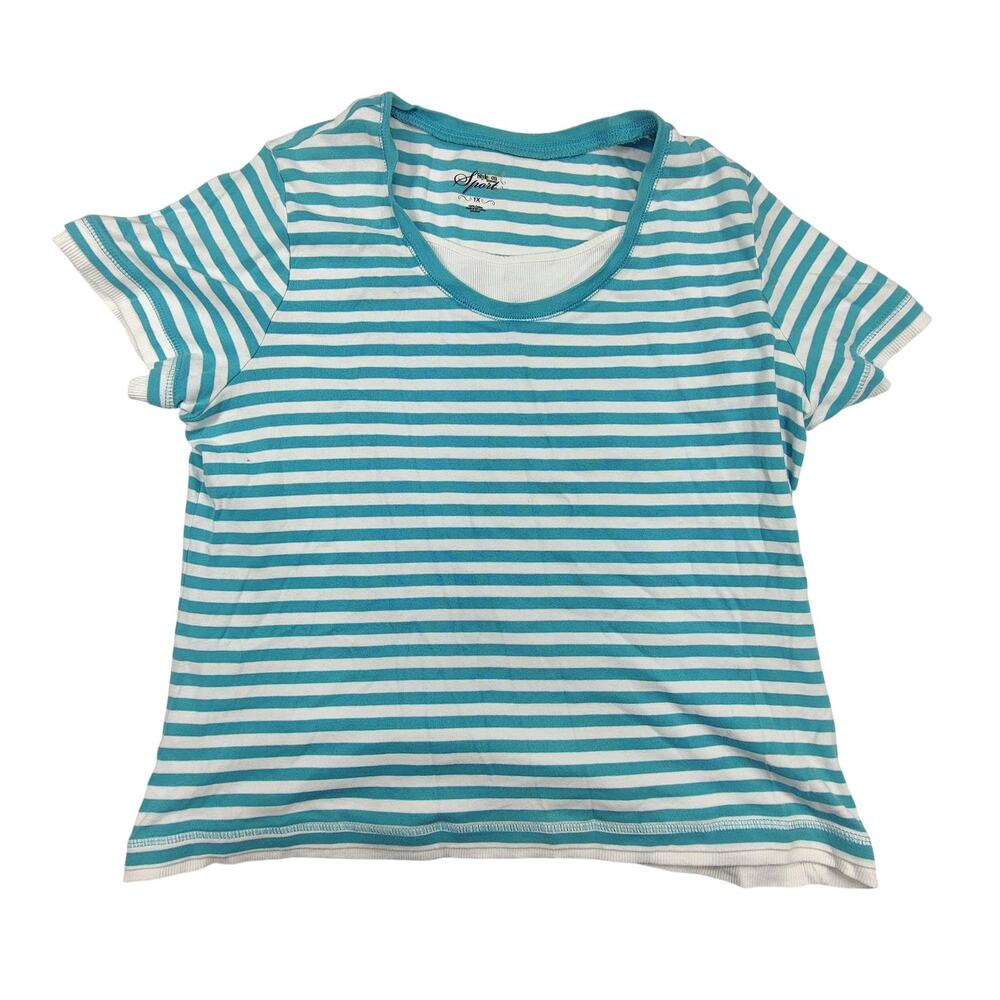 Style & Co Sport Shirt Womens 1X Blue White Striped Short Sleeve Scoop Neck Tee